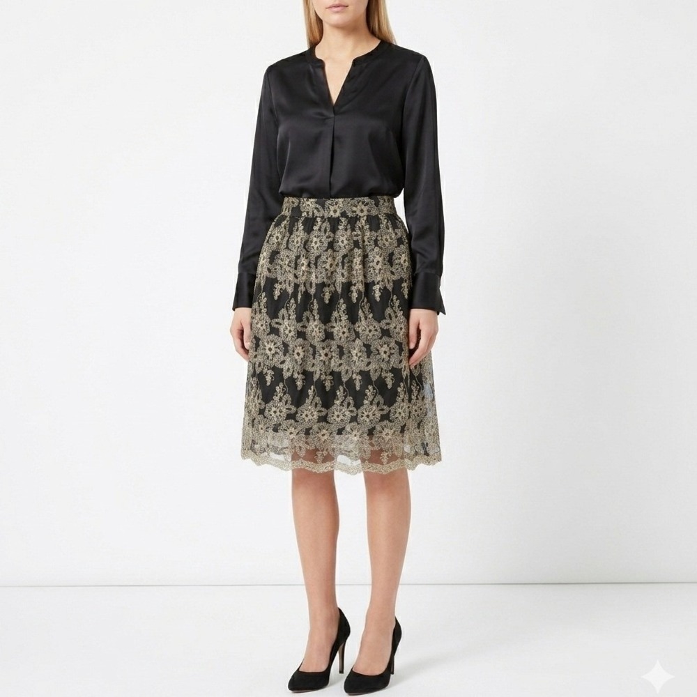 Buttons Black Gold Metallic Floral Lace Mesh Midi Skirt Large Elegant Party